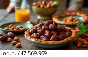 Sumptuous Spread of Traditional Arabic Food Featuring Dates and Almonds Enjoyed During Ramadan at a Festive Gathering. Стоковое AI-изображение, AI-художник Sergey Grishin / Фотобанк Лори