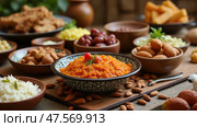 Sumptuous Spread of Traditional Arabic Food Served During Ramadan With Dates, Almonds, and Various Dishes Presented Elegantly. Стоковое AI-изображение, AI-художник Sergey Grishin / Фотобанк Лори