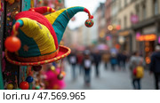 Colorful Jester Hat Decoration Captures Festive Spirit of Cologne Carnival Celebration in Germany With Lively Street Atmosphere. Стоковое AI-изображение, AI-художник Sergey Grishin / Фотобанк Лори