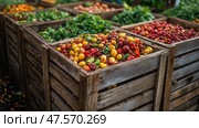 Wooden compost bins filled with colorful vegetable scraps in a garden setting. Деревянные контейнеры для компоста, наполненные разноцветными овощными отходами, в саду. Стоковое AI-изображение, AI-художник Katsiaryna Repich / Фотобанк Лори