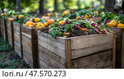 Close-up view of wooden compost bins brimming with organic waste and vegetables. Вид крупным планом на деревянные компостные баки, наполненные органическими отходами и овощами. Стоковое AI-изображение, AI-художник Katsiaryna Repich / Фотобанк Лори