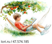 Мальчик читает книгу в гамаке, летние каникулы на даче. Стоковое AI-изображение, AI-художник Щеголева Ольга / Фотобанк Лори