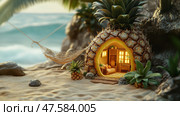 Unique pineapple house with a hammock on a tropical beach. Уникальный ананасовый домик с гамаком на тропическом пляже. Стоковое AI-изображение, AI-художник Katsiaryna Repich / Фотобанк Лори