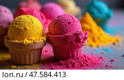 Vibrant Gulal Powder Scoops Symbolize the Joyous Spirit of Holi, Celebrating Colors and Unity During the Festival of Spring in India. Стоковое AI-изображение, AI-художник Sergey Grishin / Фотобанк Лори