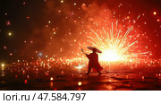 Traditional Chinese Firecrackers Burst With Vivid Flashes and Smoke During Lunar New Year Celebration Festivities at Night. Стоковое AI-изображение, AI-художник Sergey Grishin / Фотобанк Лори