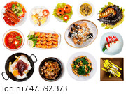 View of many plates with tasty food over white background. Стоковое фото, фотограф Яков Филимонов / Фотобанк Лори