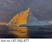 A huge high breakaway glacier drifts in the southern ocean off the coast of Antarctica at sunset, the Antarctic Peninsula, the Southern Arctic Circle, azure water, cloudy weather. Стоковое фото, фотограф Vladimir Drozdin / Фотобанк Лори