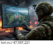 Мужчина в военной форме играет в видеоигру на мониторе компьютера. Стоковое AI-изображение, AI-художник Ярославский Максим / Фотобанк Лори