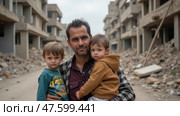 A Man Stands in a Devastated Urban Landscape, Cradling a Toddler and Holding the Hand of a Young Child, Showcasing the Bond of Family Amidst Hardship. Стоковое AI-изображение, AI-художник Sergey Grishin / Фотобанк Лори