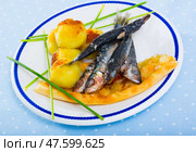 Dish of tasty fried sprats with fried potato croquettes and cake. Стоковое фото, фотограф Яков Филимонов / Фотобанк Лори
