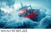 Red Tanker Braving Tempestuous Seas. Стоковое AI-изображение, AI-художник Данила Большаков / Фотобанк Лори