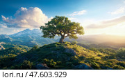 Majestic Summit Tree: solitary tree stands sentinel atop verdant hill, overlooking breathtaking panorama of snow-capped mountains and sun-kissed valleys. Стоковое AI-изображение, AI-художник Данила Большаков / Фотобанк Лори