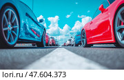 High-octane Road Ahead: A Line of Sleek Sports Cars. Стоковое AI-изображение, AI-художник Данила Большаков / Фотобанк Лори