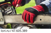 The master sharpens the chain of the chainsaw before work with the chainsaw. Стоковое видео, видеограф Igor Skripachev / Фотобанк Лори