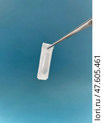 Medical tweezer holding single-use sterile package on blue background. Стоковое фото, фотограф Бакина Александра / Фотобанк Лори