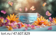 Medical Mask surrounded by colorful flowers during a bright spring day. Медицинская маска в окружении красочных цветов в яркий весенний день. Стоковое AI-изображение, AI-художник Katsiaryna Repich / Фотобанк Лори