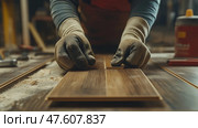 Skilled worker laying wooden flooring in a bright indoor space during a home renovation project. Квалифицированный рабочий укладывает деревянный пол в светлом помещении во время ремонта дома. Стоковое AI-изображение, AI-художник Katsiaryna Repich / Фотобанк Лори