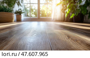 Sunlight streams through window onto wooden floor with plants nearby. Солнечный свет проникает через окно, отбрасывая теплые лучи на полированный деревянный пол. Растения в горшках украшают пространство, создавая в комнате безмятежную и гостеприимную атмосферу. Стоковое AI-изображение, AI-художник Katsiaryna Repich / Фотобанк Лори