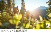 Four Adventurers Embark on a Mountain Trail Expedition. Стоковое AI-изображение, AI-художник Данила Большаков / Фотобанк Лори