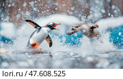 Aquatic Adventure: Penguin & Otter Plunge into Splashy Fun. Стоковое AI-изображение, AI-художник Данила Большаков / Фотобанк Лори