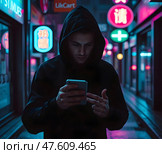 Мужчина с телефоном в руках стоит на улице. Стоковое AI-изображение, AI-художник Boostport / Фотобанк Лори