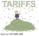 The President of the USA Donald Trump on a huge pile of money from new tariffs on global imports. Стоковая иллюстрация, иллюстратор Alexey Bannykh / Фотобанк Лори