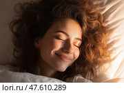 Young woman peacefully sleeping on a bed with white pillows in natural light. Молодая женщина мирно спит на кровати с белыми подушками при естественном освещении. Стоковое AI-изображение, AI-художник Katsiaryna Repich / Фотобанк Лори