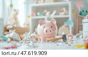 Piggy Bank Breached: Financial Planning Fiasco, Spoiled Savings, Post Financial Chaos. Стоковое AI-изображение, AI-художник Данила Большаков / Фотобанк Лори