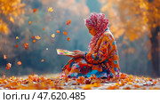 Autumn Muse: A girl artist finds inspiration in a palette amidst falling leaves, conjuring autumnal creation in a serene outdoor escape. Стоковое AI-изображение, AI-художник Данила Большаков / Фотобанк Лори