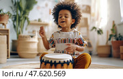 Musical Joy: A Young Boy's Drumming Passion. Стоковое AI-изображение, AI-художник Данила Большаков / Фотобанк Лори