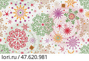 Vector seamless winter colorful pattern with doodle snowflakes and stars  on white .For textile, wallpaper and packaging. Стоковая иллюстрация, иллюстратор Ольга Дроздова / Фотобанк Лори