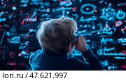 Concept: Child Prodigy; Boy Contemplates Complex Equations on a Blackboard with Glasses. Стоковое AI-изображение, AI-художник Данила Большаков / Фотобанк Лори