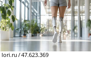 Person with prosthetic legs walking in a modern indoor space with plants in a well-lit environment. Стоковое AI-изображение, AI-художник Сергей Толмачёв / Фотобанк Лори