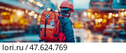 On-Site Responder: Orange Helmet and First Aid Kit at Industrial Facility, Ready for Action and Safety Protocols, Design for Print, Card, Poster. Стоковое AI-изображение, AI-художник Данила Большаков / Фотобанк Лори