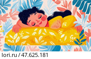 Sleep sanctuary: Dreamy slumber amidst serene foliage, promoting rest and well-being, perfect for relaxation app or sleep aid print. Стоковое AI-изображение, AI-художник Данила Большаков / Фотобанк Лори