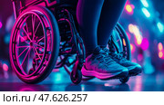 Empowerment through mobility: Person using a wheelchair under vibrant neon lights. Стоковое AI-изображение, AI-художник Данила Большаков / Фотобанк Лори
