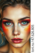 Arte para impressão de quadros fineart. Rosto de mulher com maquiagem colorida, contrastada e craquelada, rachada, trincada. Стоковое AI-изображение, AI-художник ketpro.design / Фотобанк Лори