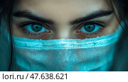 Protective Gaze: Medical Facemask and Intense Eyes. Стоковое AI-изображение, AI-художник Данила Большаков / Фотобанк Лори