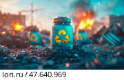 Urban Decay and Hope: A Plea for Environmental Recycling amidst City Ruins, Design for print, poster. Стоковое AI-изображение, AI-художник Данила Большаков / Фотобанк Лори
