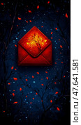 Nighttime Enveloping Glowing Tree Branches and Falling Leaves. Стоковое AI-изображение, AI-художник Данила Большаков / Фотобанк Лори