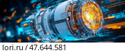 Futuristic high-tech engine core, powerplant for spaceship, tech energy source, glowing plasma reactor. Стоковое AI-изображение, AI-художник Данила Большаков / Фотобанк Лори