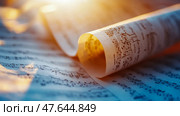 Melody Unveiled: Musical parchment scroll in golden sunlight. Стоковое AI-изображение, AI-художник Данила Большаков / Фотобанк Лори