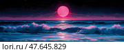 Synthwave Dream: A Crimson Moon Over Tempestuous Seas, Atmospheric Seascape. Стоковое AI-изображение, AI-художник Данила Большаков / Фотобанк Лори