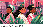 Three Women Celebrating Heritage: A Colorful Homage to Urban Culture and Female Empowerment. Стоковое AI-изображение, AI-художник Данила Большаков / Фотобанк Лори