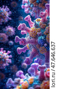 Scientific visualization: Microscopic organism with spiky appendages and granular surface for medical studies. Стоковое AI-изображение, AI-художник Данила Большаков / Фотобанк Лори