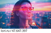 Woman with glasses contemplates a glowing cityscape at sunset, envisioning a modern, technological urban future filled with ambition and dreams. Стоковое AI-видео, аниматор Данила Большаков / Фотобанк Лори
