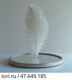 White feather standing upright on a mirror with soft reflections and clean white background capturing poetic elegance and minimalistic purity in a serene commercial fine-art composition. Белое перо, стоящее вертикально на зеркале с мягкими отражениями и чистым белым фоном, отражает поэтическую элегантность и минималистическую чистоту в безмятежной коммерческой композиции в стиле fine-art. Стоковое AI-изображение, AI-художник Katsiaryna Repich / Фотобанк Лори