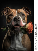 Portrait of a staffordshire terier dog holding a red rose in its teeth on a black background. Стоковое AI-изображение, AI-художник Zakharova Natasha / Фотобанк Лори