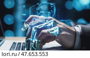 Robot concept chatbot human hand and robot hand pressing Enter on computer keyboard/ Future concept, AI artificial intelligence and digital graphic brain engine inside. 3D rendering. Стоковое AI-видео, аниматор ALLA YURTAYEVA / Фотобанк Лори