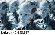 Group of artificial intelligence robots. Group of cyborgs in factors. Modern technologies, AI management. Concept of the future. 3D rendering. Стоковое AI-видео, аниматор ALLA YURTAYEVA / Фотобанк Лори